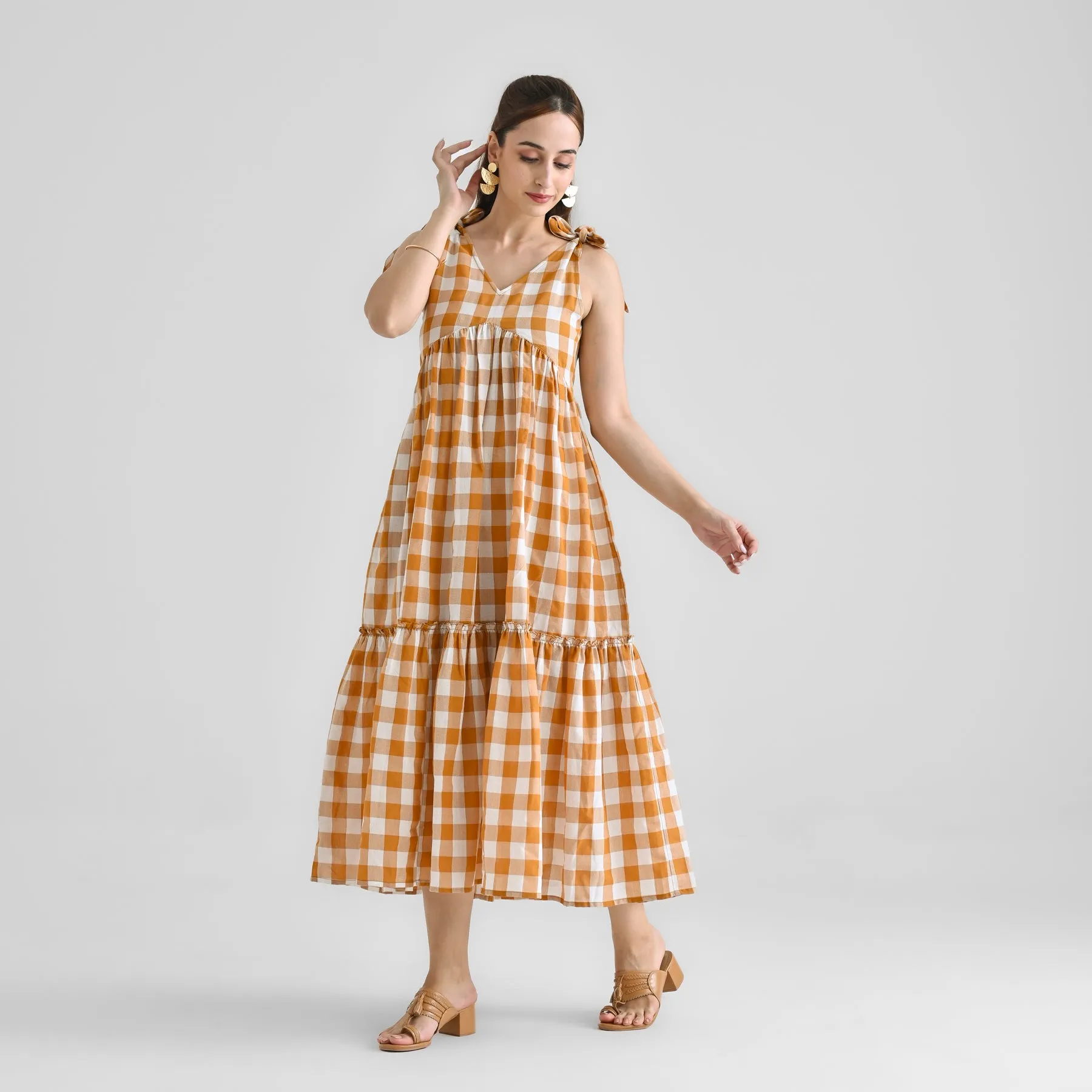 Mustard Woven Tiered Cotton Dress with Shoulder Tie-up Detail