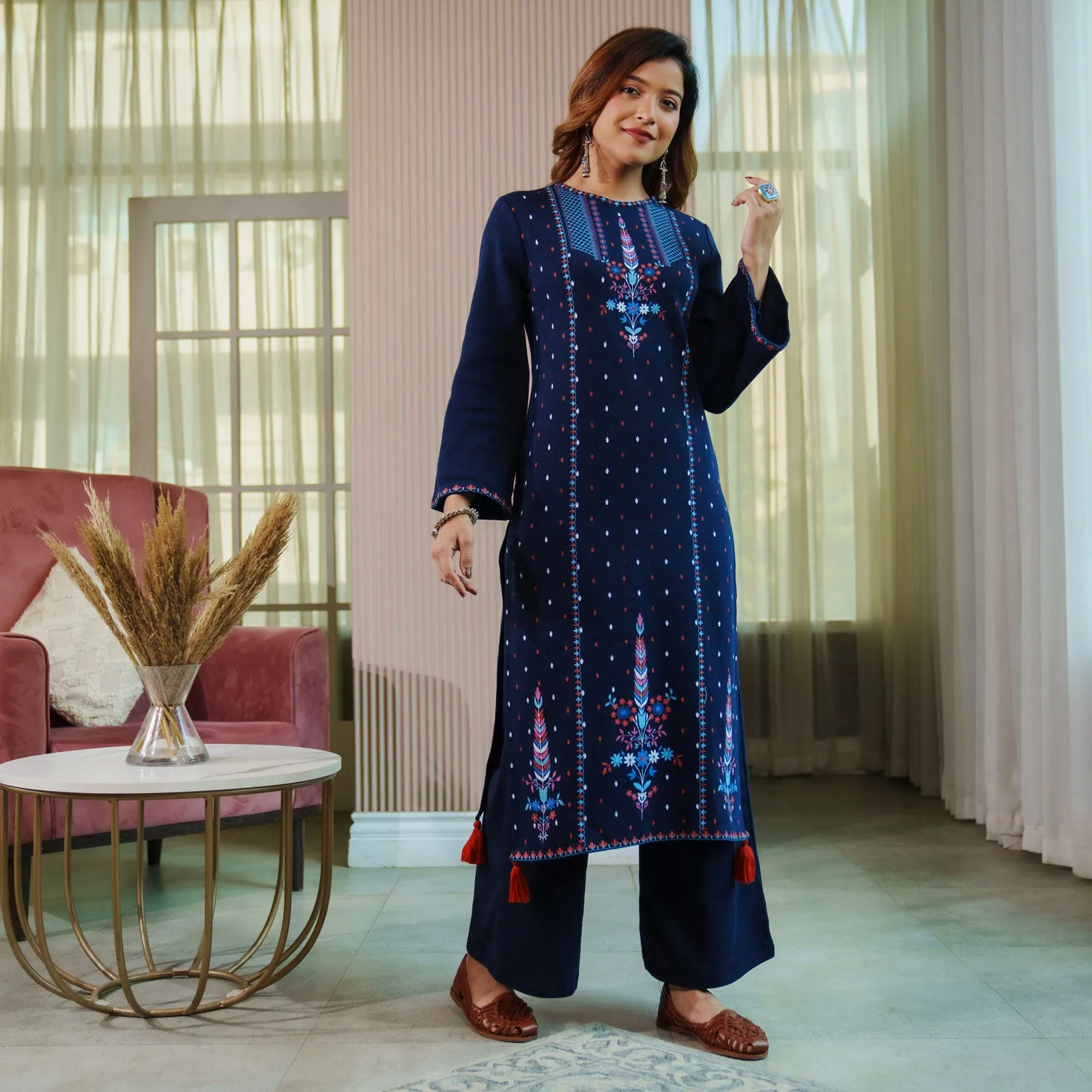 Navy Blue Acrylic High Slit Kurta with Tassel Detailing