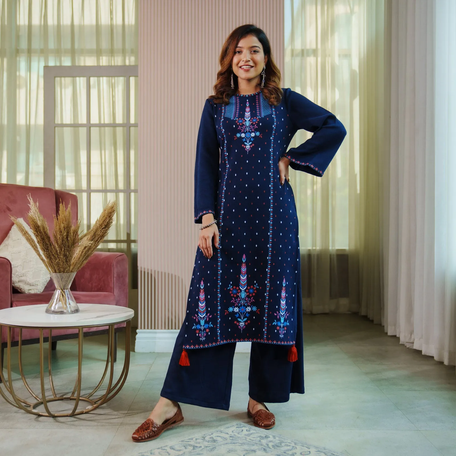 Navy Blue Acrylic High Slit Kurta with Tassel Detailing