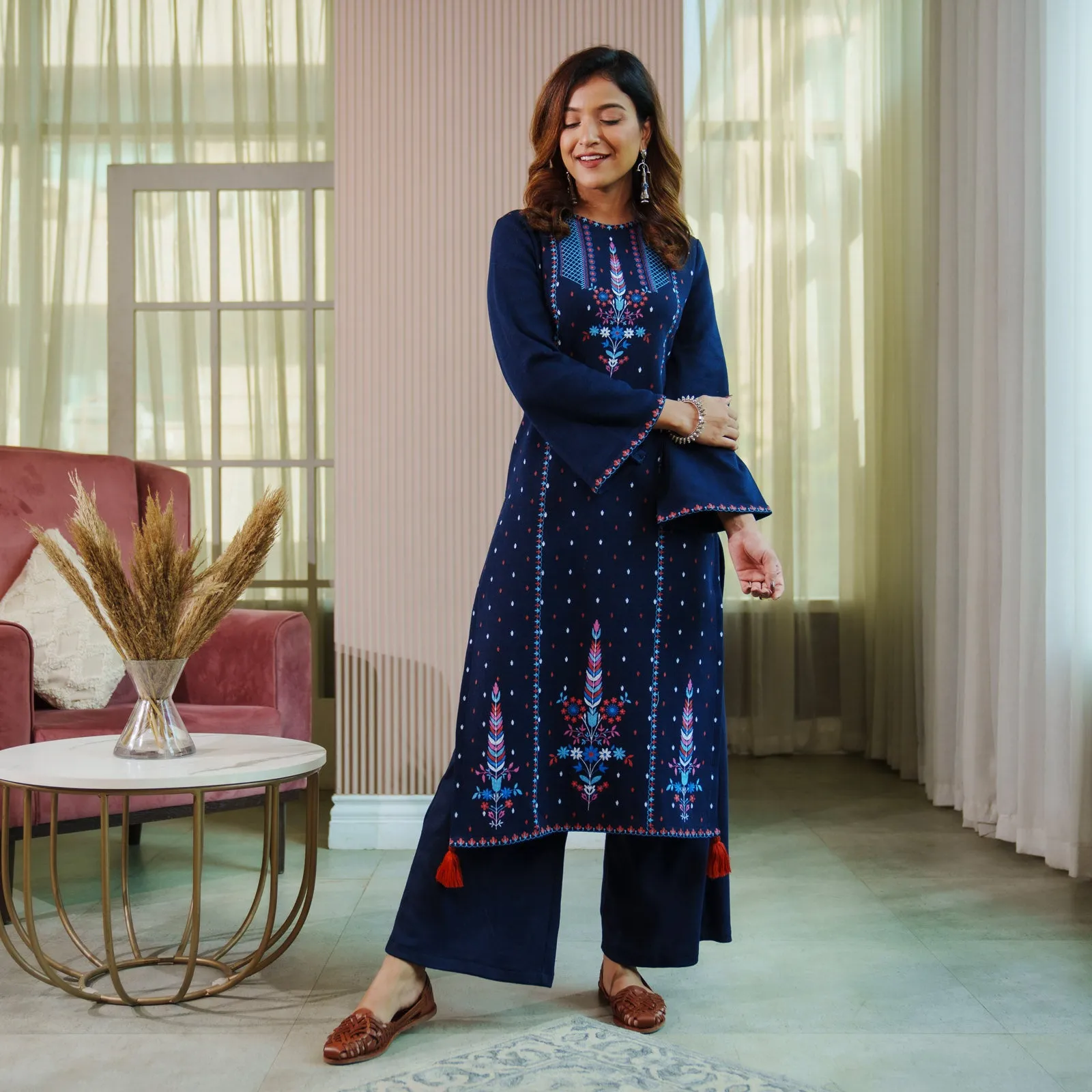 Navy Blue Acrylic High Slit Kurta with Tassel Detailing