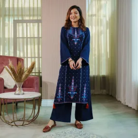Navy Blue Acrylic High Slit Kurta with Tassel Detailing