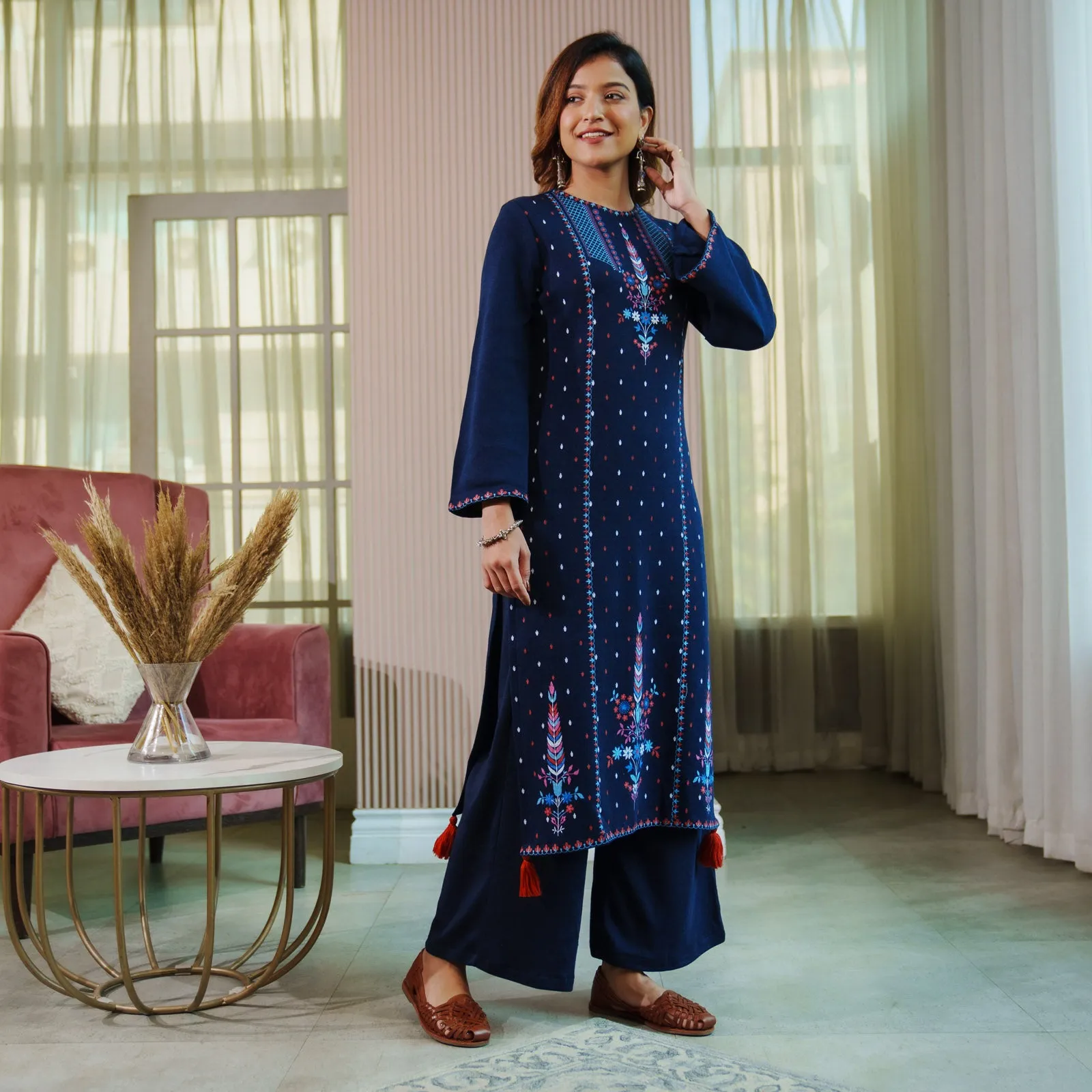 Navy Blue Acrylic High Slit Kurta with Tassel Detailing