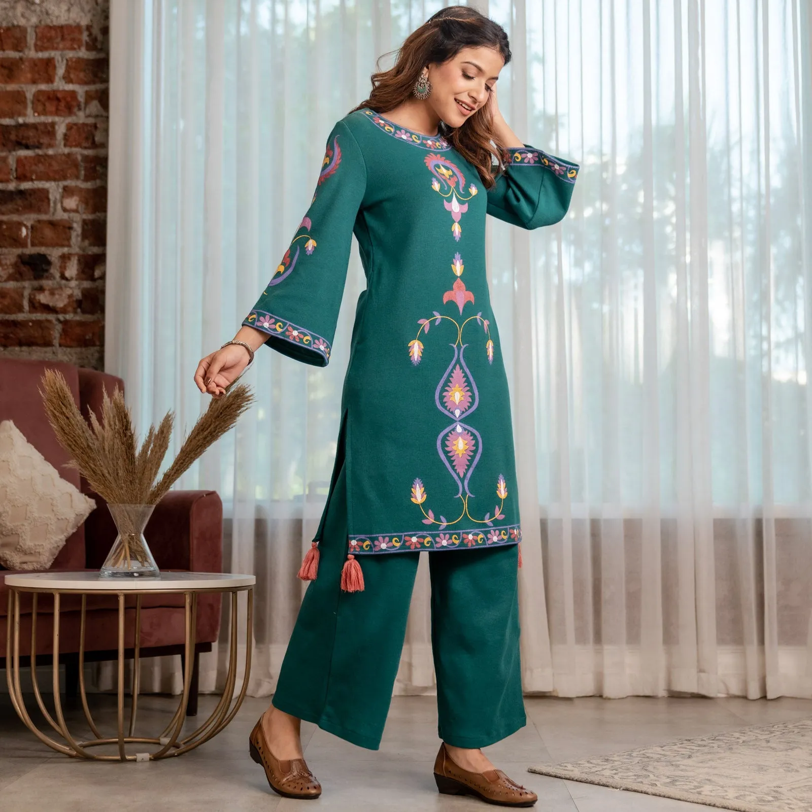 Teal Acrylic Straight Printed Kurta with Tassel Detailing
