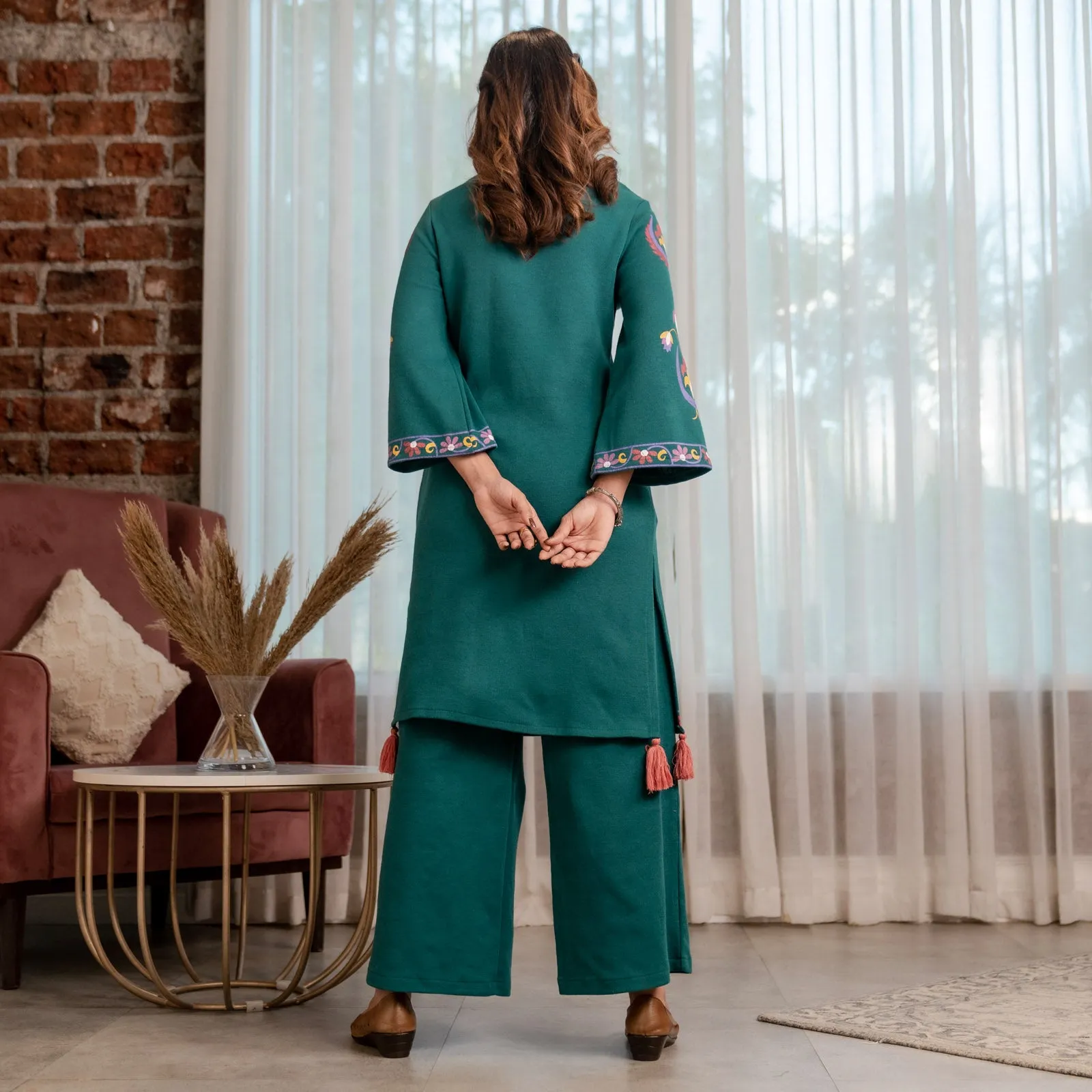 Teal Acrylic Straight Printed Kurta with Tassel Detailing