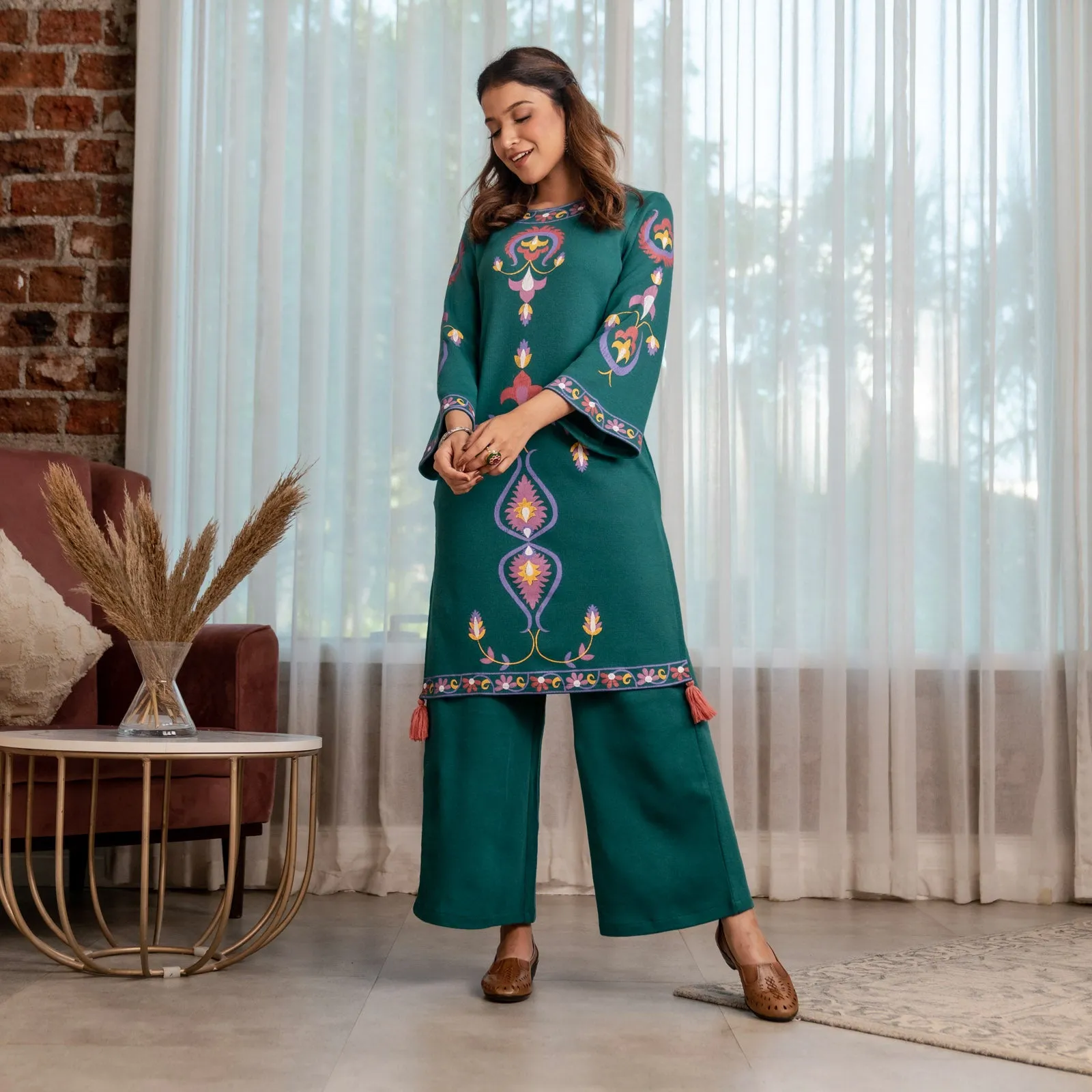 Teal Acrylic Straight Printed Kurta with Tassel Detailing