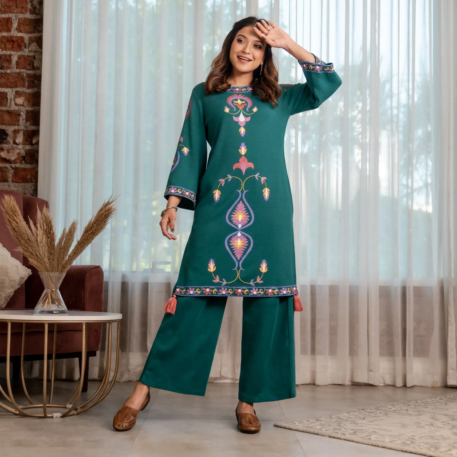 Teal Acrylic Straight Printed Kurta with Tassel Detailing