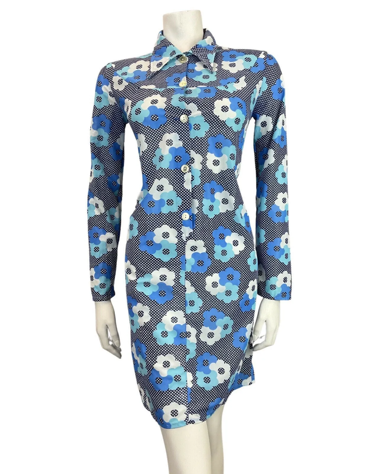 VINTAGE 60s 70s BLUE WHITE POLKA-DOT DAISY FLOWER MOD DAGGER SHIRT DRESS 8 10