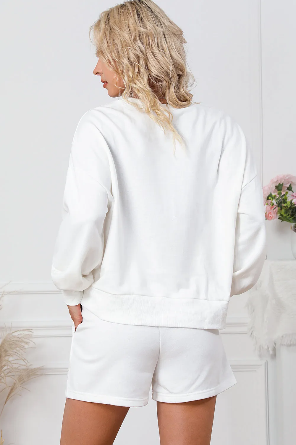 White PUMPKIN Flocking Graphic Pullover Sweatshirt and Shorts Set