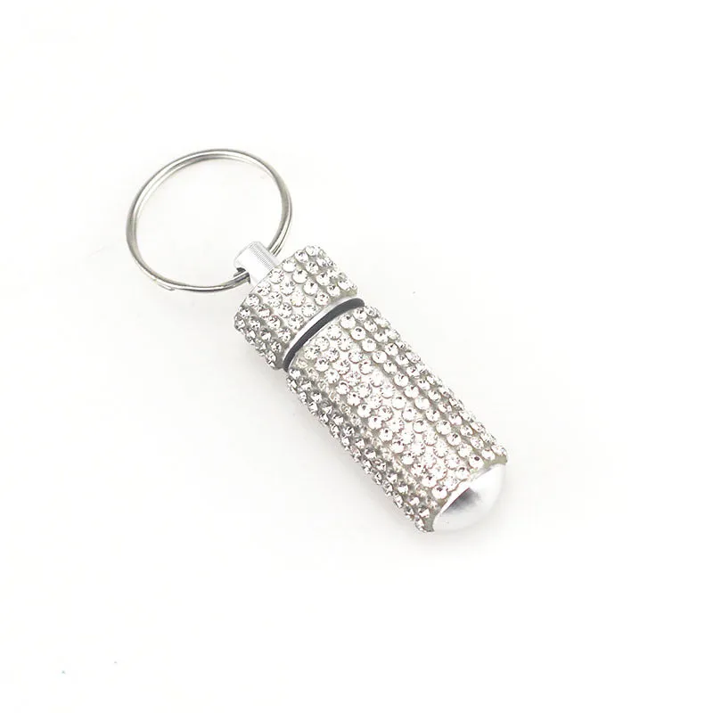 Wholesale 100PCS Aluminum Alloy Diamond Inlaid Portable Medicine Bottle Keychain