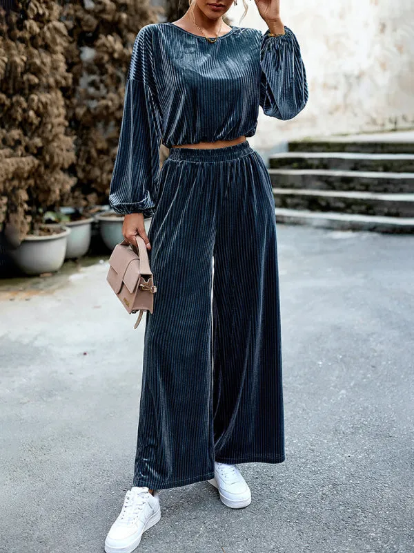 Women's Matching Ribbed Velour Long Sleeve Top And Wide Leg Trousers