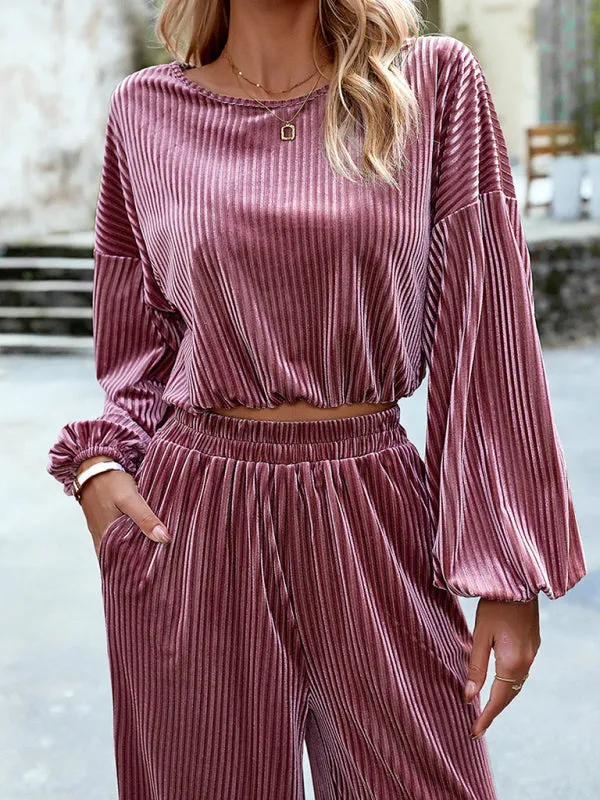 Women's Matching Ribbed Velour Long Sleeve Top And Wide Leg Trousers