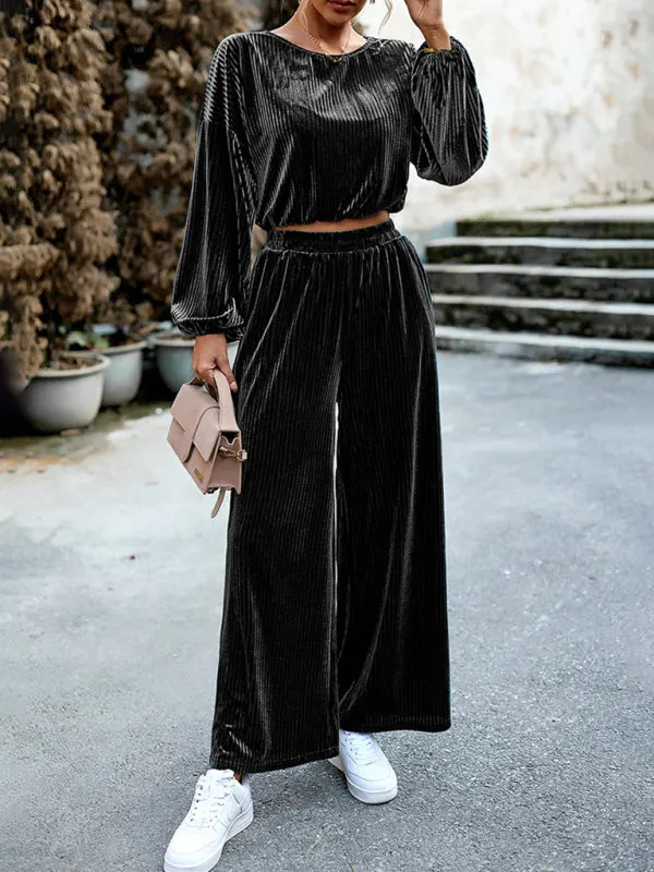 Women's Matching Ribbed Velour Long Sleeve Top And Wide Leg Trousers