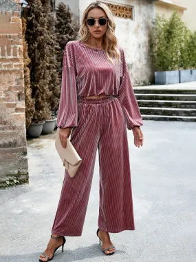 Women's Matching Ribbed Velour Long Sleeve Top And Wide Leg Trousers
