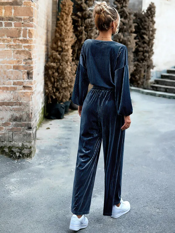 Women's Matching Ribbed Velour Long Sleeve Top And Wide Leg Trousers