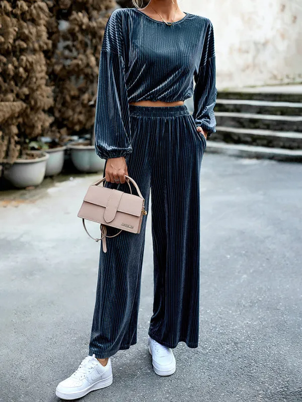 Women's Matching Ribbed Velour Long Sleeve Top And Wide Leg Trousers