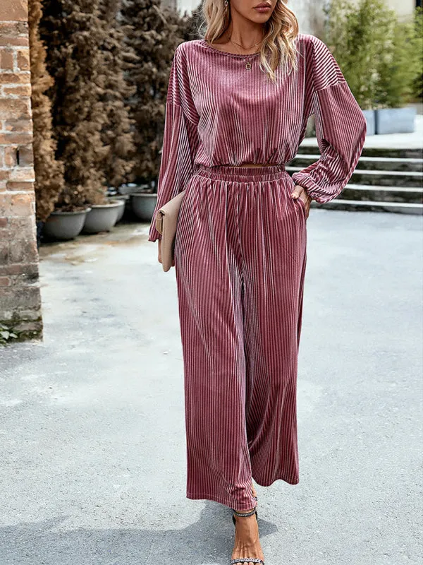 Women's Matching Ribbed Velour Long Sleeve Top And Wide Leg Trousers