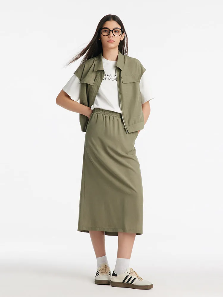 Zippered Lapel Vest And Slit Half Skirt Two-Piece Set