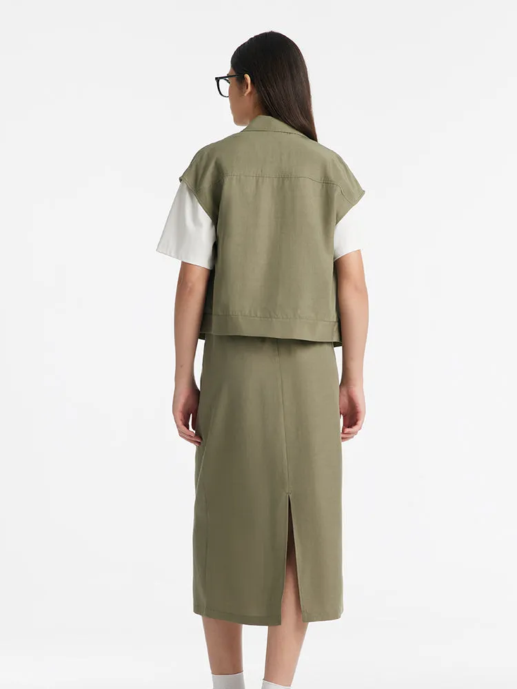 Zippered Lapel Vest And Slit Half Skirt Two-Piece Set
