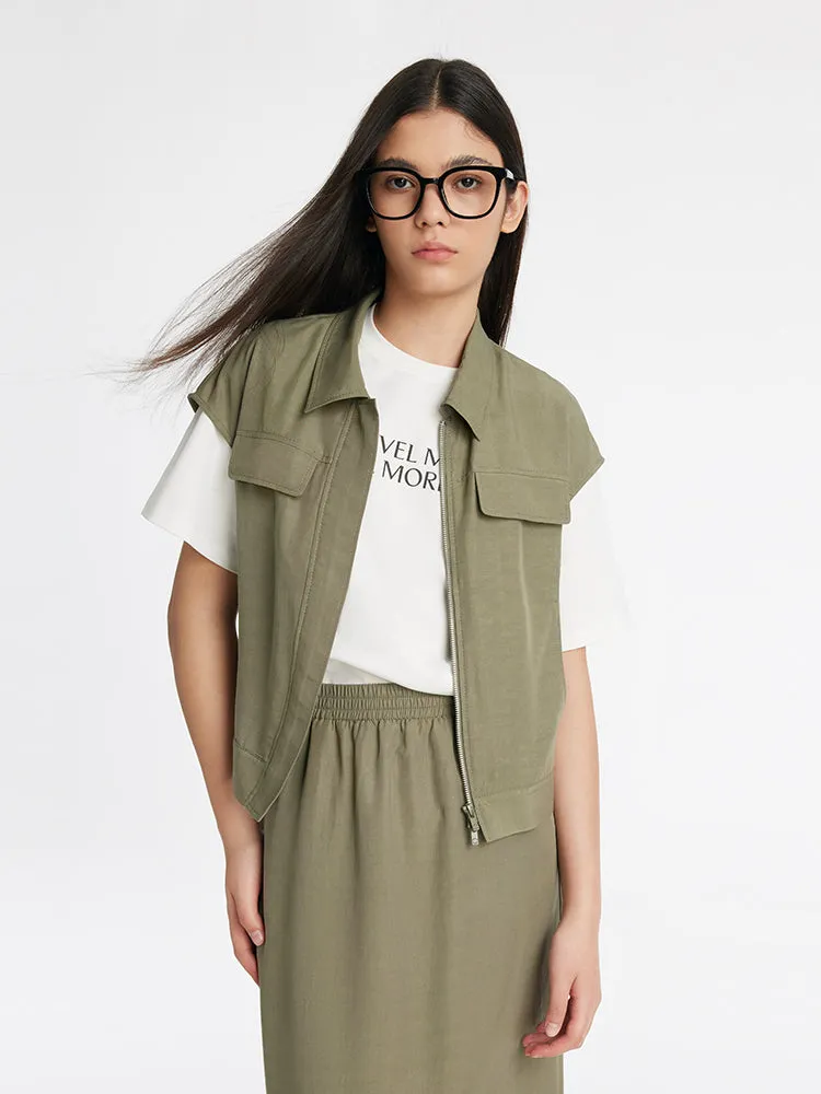 Zippered Lapel Vest And Slit Half Skirt Two-Piece Set