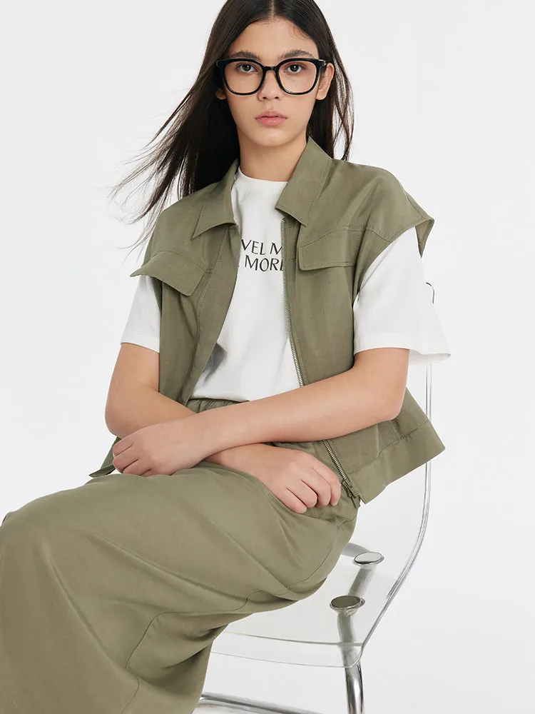 Zippered Lapel Vest And Slit Half Skirt Two-Piece Set