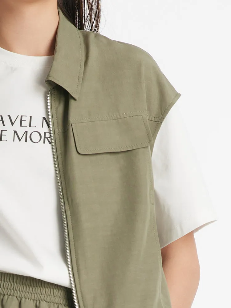 Zippered Lapel Vest And Slit Half Skirt Two-Piece Set