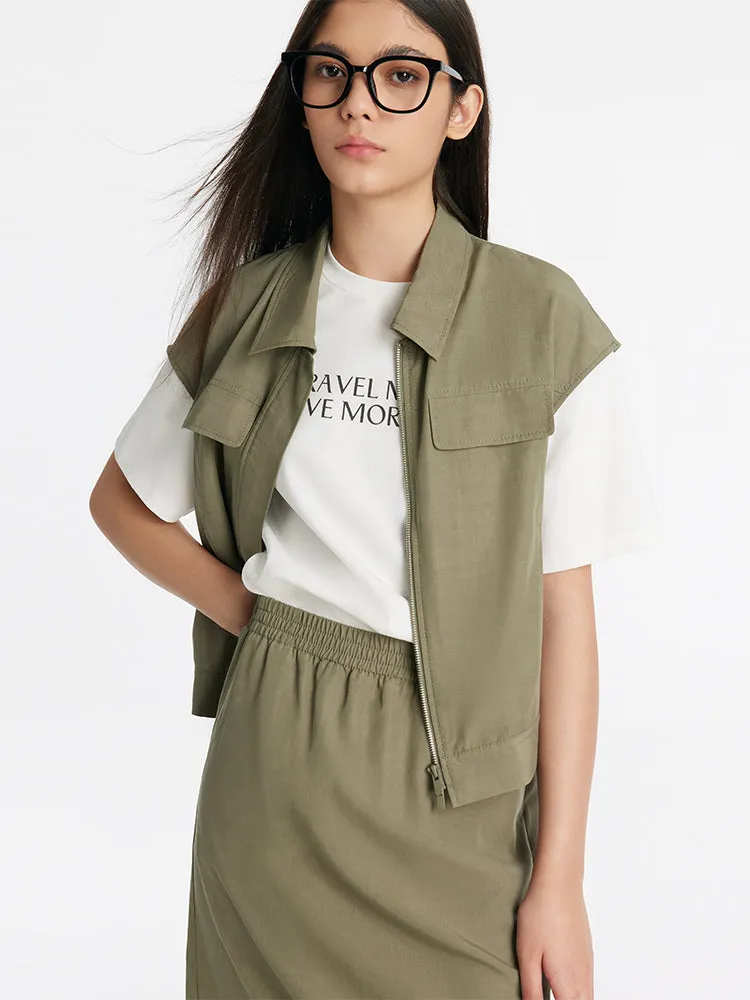 Zippered Lapel Vest And Slit Half Skirt Two-Piece Set